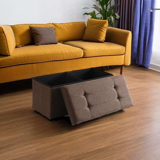 Storage Ottoman Bench Foldable Seat Footrest Shoe Bench End of Bed Storage with Flipping Lid, 75L Storage Space, 30 inches Linen Fabric Brown