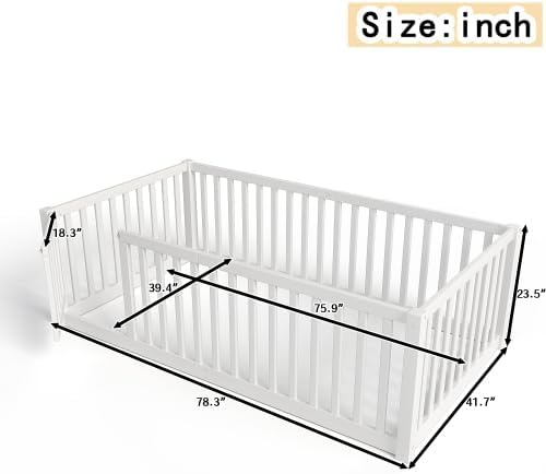 Bellemave Twin Size Montessori Floor Bed with 23.5" High Rails, Pine,Plywood Twin Floor Bed with Small Door, White