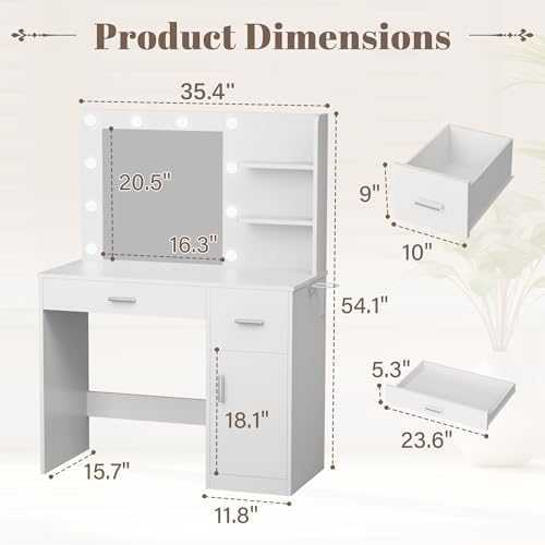 YESHOMY 35.4" Vanity Desk with Mirror & Lights, Makeup Vanity Table with Charging Station,3 Color Modes, 2 Drawers & Large Storage Cabinet with Open Shelves for Bedroom Dressing Room, Classic White