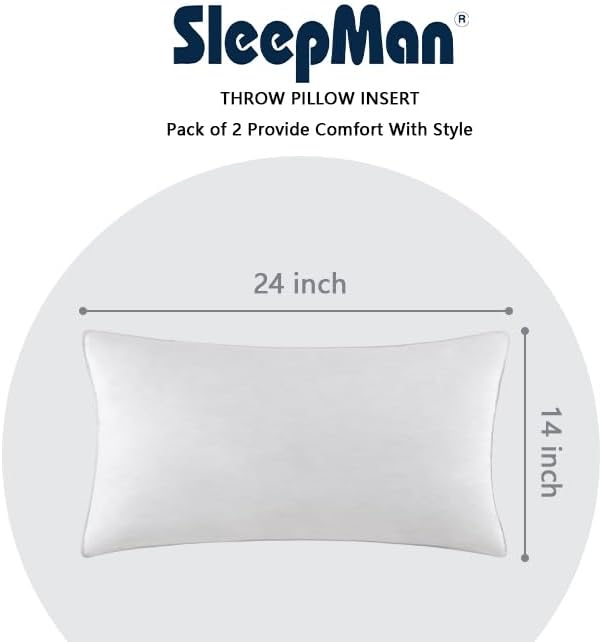 SleepMan Throw Pillow Inserts 14" x 24" (Pack of 2, White) Down Feather Pillow Stuffer Premium Decorative Pillows for Sofa Couch Bed