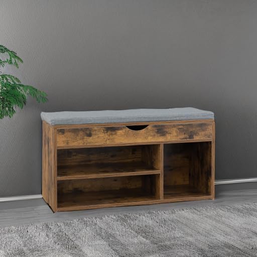 WellFurGeer Shoe Bench with Storage, Entryway Bench with Shoe Storage, Shoe Rack with Bench, Shoe Storage Bench with Padded Cushion, Brown + Gray