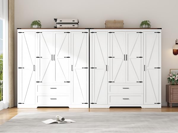 St.Mandyu Farmhouse Wardrobe Armoire Closet with 4 Doors and 2 Drawers, 70.1" Wooden Clothing Storage Cabinet, Freestanding Large Capacity Storage Wardrobe Armoire with Hanging Rod for Bedroom, White