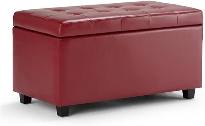 SIMPLIHOME Cosmopolitan Storage Ottoman - 34 inch Wide Upholstered Vegan Leather Rectangle Storage Ottoman Bench in Red, Transitional Tufted Ottoman for Living Room or Entryway with Lift-Up Lid