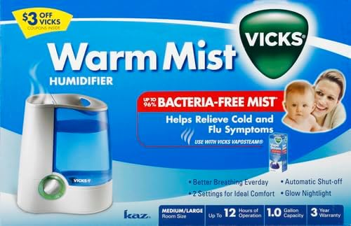Vicks Warm Mist Humidifier Filter‑Free 1 Gal Tank,Auto Shut‑Off,Night Light,VapoPad and VapoSteam Compatible,(Pack of 2)