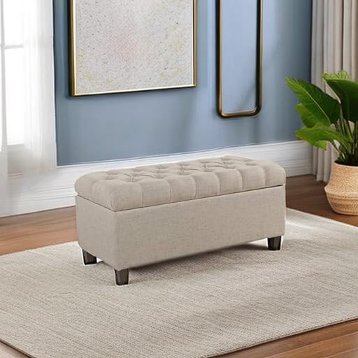 Homepop Home Decor | Tufted Ainsley Button Storage Ottoman Bench with Hinged Lid | Ottoman Bench with Storage for Living Room & Bedroom, Tan