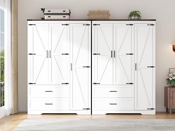 St.Mandyu Farmhouse Wardrobe Armoire Closet with 3 Doors and 2 Drawers, 70.1" Wooden Clothing Storage Cabinet, Freestanding Large Capacity Storage Wardrobe Armoire with Hanging Rod for Bedroom, White