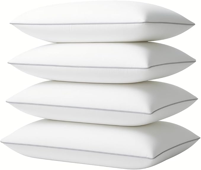 4 Pack Queen Size Bed Pillows for Sleeping – Soft & Supportive Down Alternative Pillows with Gray Piping, Easy to Wash, Hypoallergenic Sleeping Pillows for Side and Back Sleepers