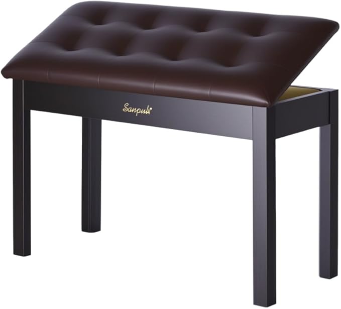 Sanpuli Solid Wood Duet Piano Bench with Storage, Piano Stool and Padded Cushion, Keyboard Bench with Bookcase, Piano Chair and Piano Seat with High-Density Sponges.