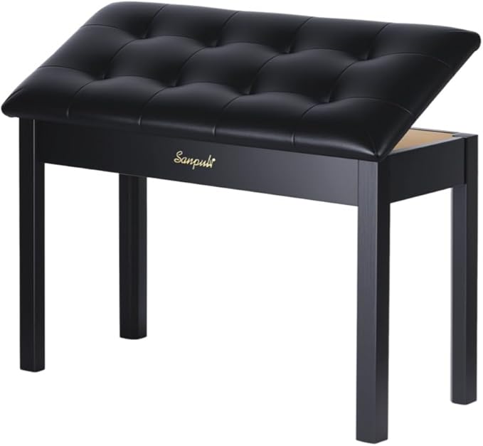 Sanpuli Solid Wood Duet Piano Bench with Storage, Piano Stool and Padded Cushion, Keyboard Bench with Bookcase, Piano Chair and Piano Seat with High-Density Sponges.