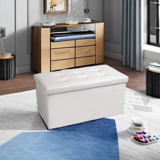 COSYLAND Ottoman Bench with Storage - 30x15x15in Folding Leather Ottoman, Rectangle Foot Stool Foldable Storage Chest Footrest Footstool Collapsible with Lid for Bedroom Living Room White