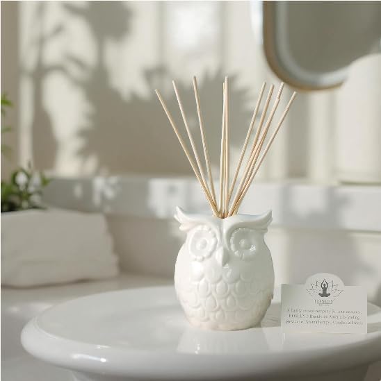 Hosley Aromatherapy Vanilla Diffuser Oil with Ceramic Owl Farmhouse Bottle & Reed Sticks - 110ml Ideal Gift for Home Decor, Bathroom Decor, Room Decor, Spa, Meditation, Weddings