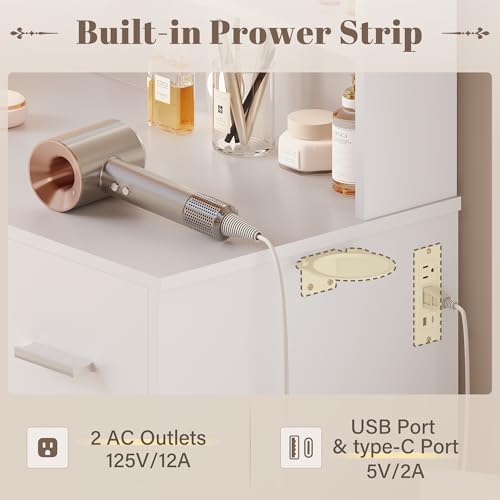 YESHOMY 35.4" Vanity Desk with Mirror & Lights, Makeup Vanity Table with Charging Station,3 Color Modes, 2 Drawers & Large Storage Cabinet with Open Shelves for Bedroom Dressing Room, Classic White