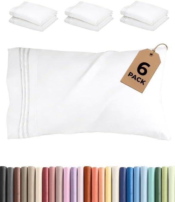 Standard Pillow Cases Set of 6 - Ultra Soft Hotel Quality Pillowcase Covers - Comfy, Cozy & Wrinkle Free - Shrink, Stain and Fade Resistant - Machine Washable Pillow Protectors - 6 Piece Set - White