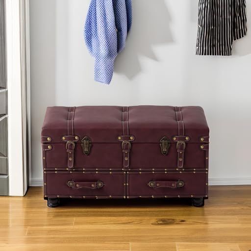 Vintage Mid-Century Storage Ottoman Bench - Upholstered Padded Chest for Entryway, Bedroom, Living Room - Dark Magenta