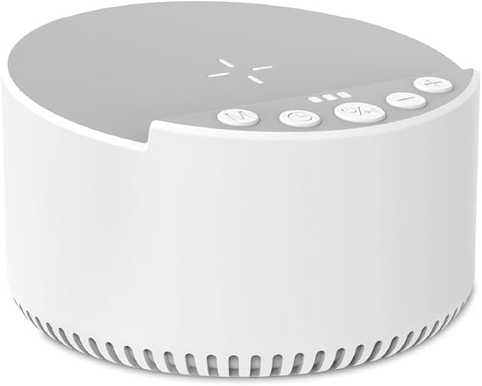 Sound Machine with Wireless Charger & Bluetooth Speaker – White Noise Sleep Aid with Memory Function, 6 Soothing Sounds, 3 Timer Modes – Compact Bedside Relaxation Device, White
