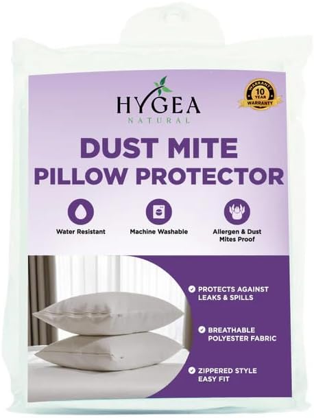Hygea Dust Mite & Allergen Pillow Protectors, Queen Size, Set of 2 - Pillow Encasements - Zippered Covers - Hypoallergenic, Waterproof, Soft & Breathable, Premium Quality