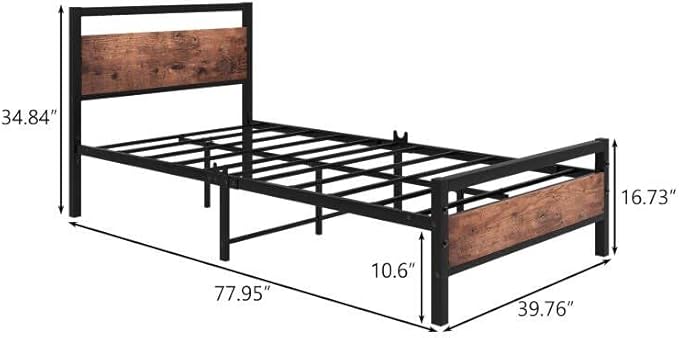 HOJINLINERO Metal Twin Size Bed Frame with Wood Headboard,Platform Bed Frame Twin,Bed Base Steel Slats,No Box Spring Needed,Black and Rustic Brown