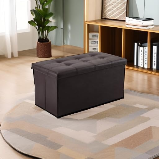 YOUDENOVA Folding Storage Ottoman, Faux Leather Ottoman Bench Footrest Ottoman, Storage Chest Padded Seat for Bedroom and Living Room, Brown, 15" D x 30" W x 15" H