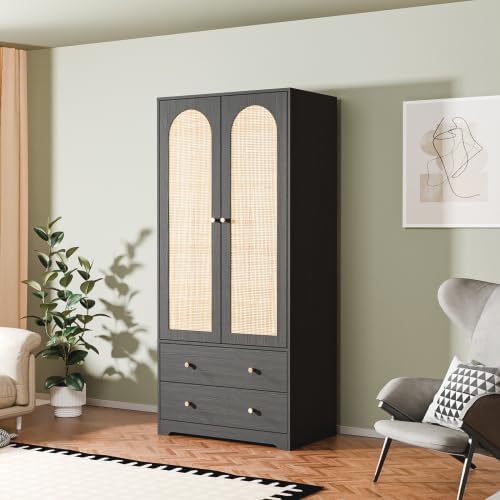 VINGLI Wardrobe Closet with Doors and Drawers, Rattan Armoire Closet with Hanging Rod, Rattan Armoire with Shelves and Doors, Wooden Wardrobe for Hanging Clothes, Black