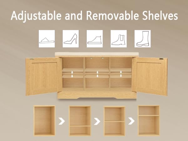 DINZI LVJ Shoe Bench, Entryway Storage Bench with Doors, Cushion, 2-Tier Shoe Rack with 6-Cubby, 31.5”L x 13.8”W Shoe Organizer Cabinet, Adjustable Shelf, Living Room, Bedroom, Natural