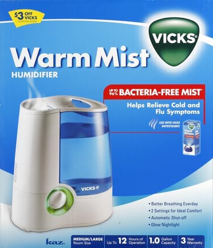 Vicks Warm Mist Humidifier Filter‑Free 1 Gal Tank,Auto Shut‑Off,Night Light,VapoPad and VapoSteam Compatible,(Pack of 2)