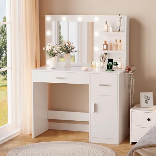 YESHOMY 35.4" Vanity Desk with Mirror & Lights, Makeup Vanity Table with Charging Station,3 Color Modes, 2 Drawers & Large Storage Cabinet with Open Shelves for Bedroom Dressing Room, Classic White