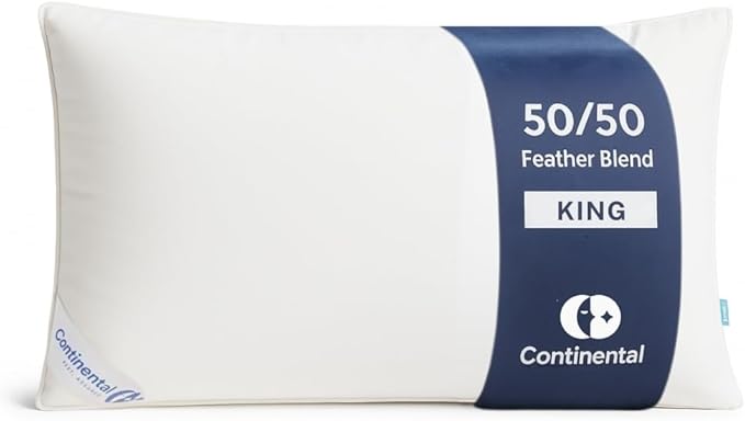 Continental Bedding 50/50 Down Feather Pillow, Fluffy Hotel Quality Side Sleeper Support, Breathable 300TC Cotton, RDS and Oeko TEX Certified