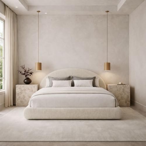 Round Bed – Washable Zip Cover - Upholstered Linen Soft Foam - Modular Minimalist Modern - Half Circle Moon - Sold Sold Separately (Cream Linen, Twin Headboard)