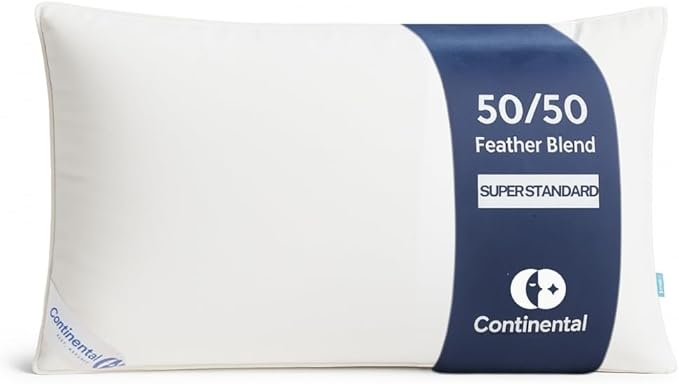 Continental Bedding 50/50 Down Feather Pillow, Fluffy Hotel Quality Side Sleeper Support, Breathable 300TC Cotton, RDS and Oeko TEX Certified