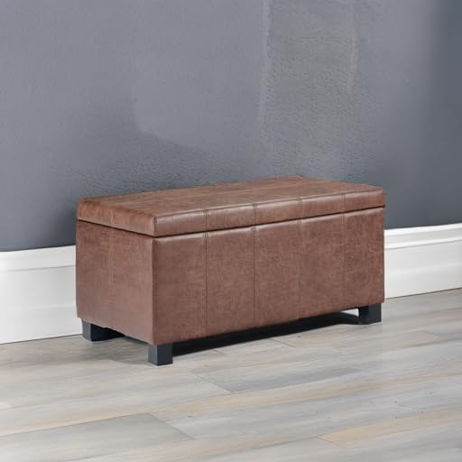 SIMPLIHOME Dover Storage Ottoman Bench - 36 inch Wide Upholstered Vegan Leather Rectangular Lift-Top Ottoman in Distressed Umber Brown, Contemporary Bench for Living Room with Safety Hinges