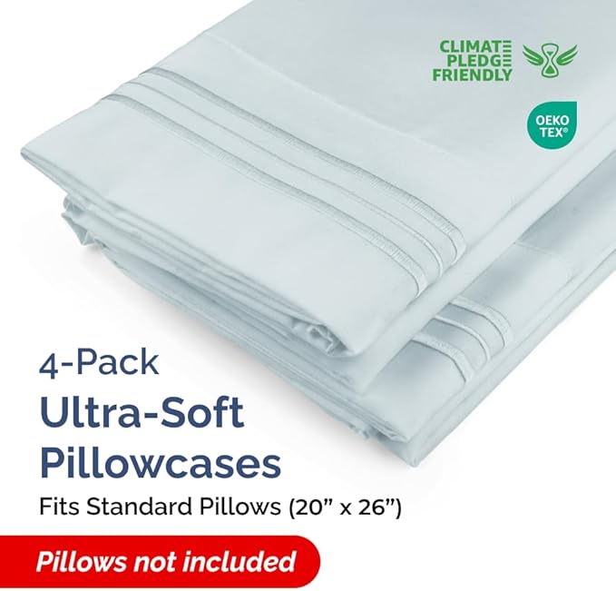 Standard Pillow Cases Set of 4 - Ultra Soft Hotel Quality Pillowcase Covers - Comfy Bedding for Women, Men, Kids & Teens - Machine Washable Pillow Protectors - 4 Piece Set - Standard Size Sky Blue
