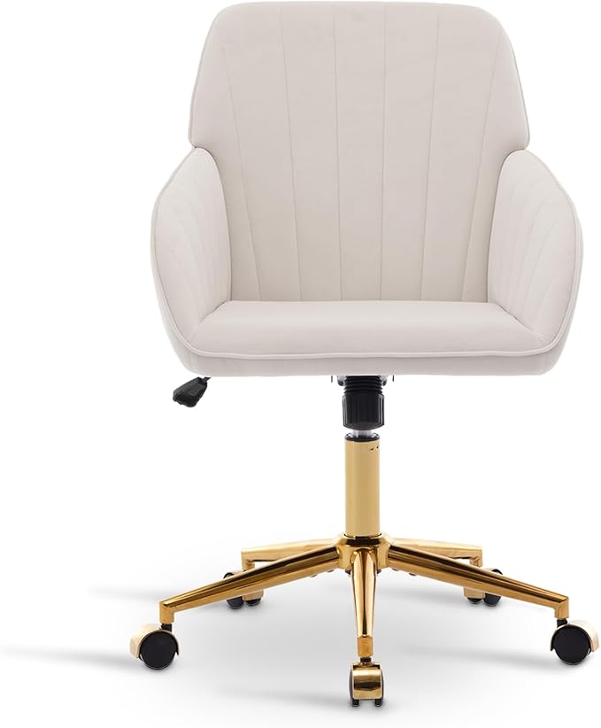 Velvet Vanity Chair with Wheels, Height Adjustable Swivel Makeup Chair, Armless Small Desk Chair for Bedroom/Office/Vanity Table, 250 lbs Capacity (Velvet, White-2)