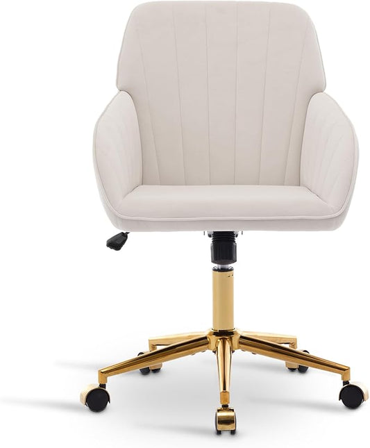 Velvet Vanity Chair with Wheels, Height Adjustable Swivel Makeup Chair, Armless Small Desk Chair for Bedroom/Office/Vanity Table, 250 lbs Capacity (Velvet, White-2)