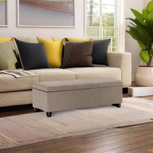 SIMPLIHOME Avalon Storage Ottoman Bench - 48" Wide x 16" High Upholstered Linen Look Fabric Rectangular Lift-Top Ottoman in Fawn Brown, Contemporary Bench for Living Room with High-Density Foam