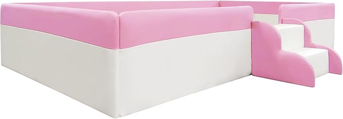 Merax Twin Size Kids Floor Bed, Upholstered Kids Daybed Frame with Fence and Stairs, Wood Bed for Living Room, White+Pink