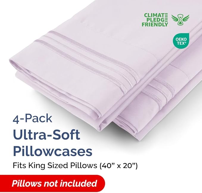 King Pillow Cases Set of 4 - Ultra Soft Hotel Quality Pillowcase Covers - Comfy, Cozy & Wrinkle Free - Shrinkage and Fade Resistant - Machine Washable Pillow Protectors - 4 Piece Set - Light Lavender