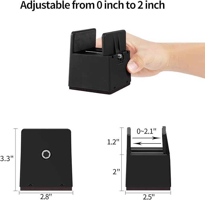 4Pack Bed Risers with Adjustable Screw Clamp, Fit Thickness of Furniture Frame from 0 to 2 Inch, Elevation in Heights 2" Heavy Duty Risers for Lifting Couch Desk Table Cabinet Nightstand, Black