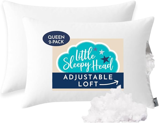 Little Sleepy Head Queen Pillow for Sleeping, Adjustable Loft Bed Pillow with Hypoallergenic Down-Like Fill, Hotel Quality Comfort, Soft or Firm Support - Queen Size Pillow 2 Pack, 20x30