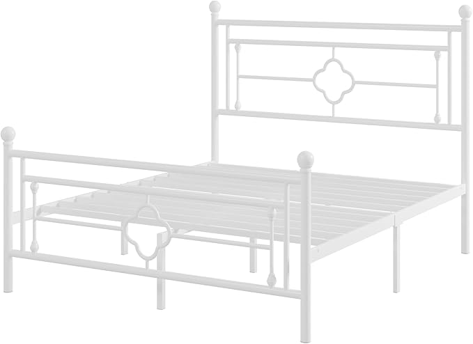 Allewie Full Size Metal Platform Bed Frame with Victorian Vintage Headboard and Footboard/Mattress Foundation/Under Bed Storage/No Box Spring Needed/Noise-Free/Easy Assembly, White