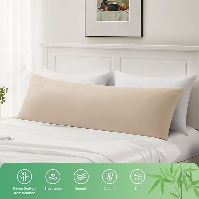 Body Pillowcase, Cooling Viscose from Bamboo Pillow Cover with Zipper Closure, Soft Moisture-Wicking for Hot Sleepers, Hair and Skin-Friendly, Light Khaki, 1 Pack