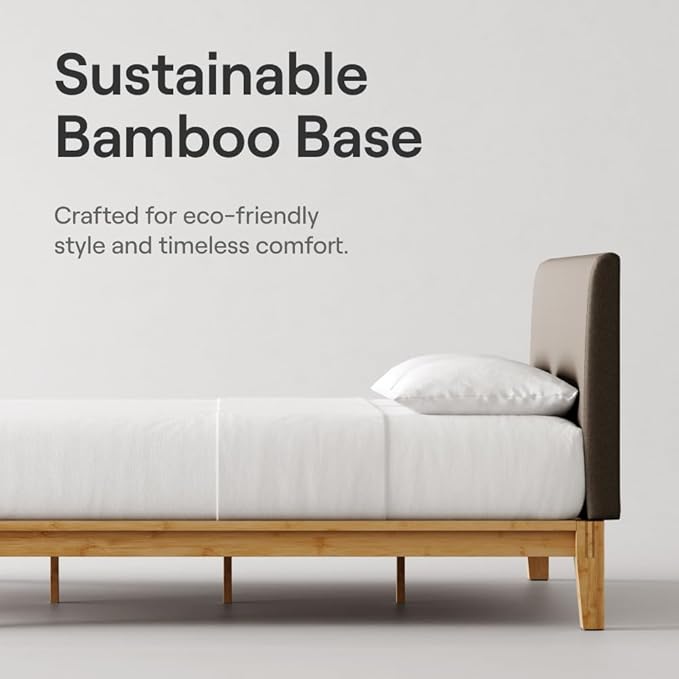 Nectar Bamboo Platform Bed Frame & Upholstered Headboard - Queen - Walnut/Slate - Floating Center Support Legs -12” Height - Easy Tool Free Set Up - Sturdy Wooden Support Slats - Holds Up To 800 lbs