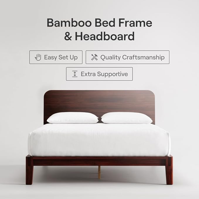 Nectar Bamboo Platform Bed Frame & Headboard - Walnut - Twin - Floating Center Support Legs - 12” Height - Easy Tool Free Set Up - Contemporary - Sturdy Wooden Support Slats - Holds Up To 500 Pounds