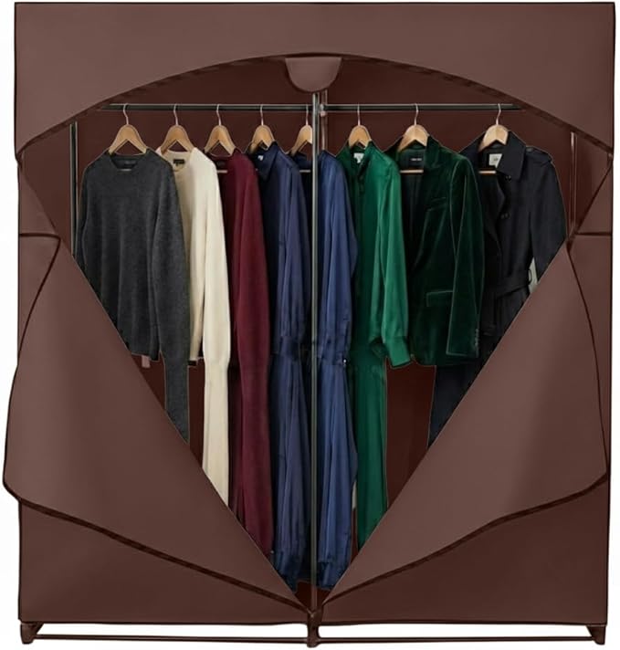 HOLDN’ STORAGE Portable Wardrobe Closet - 65 lb Large Capacity, Internal Heavy Duty Metal Rod, Zipper & Clear Window, Durable Clothes Organizer, Tool-Free Easy Assembly, Brown Canvas Cover