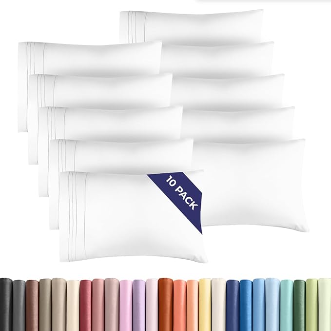 Queen Pillow Cases Set of 10 - Ultra Soft Hotel Quality Pillowcase Covers - Comfy & Wrinkle Free - Shrink, Stain & Fade Resistant - Easy-Care, Machine Washable Pillow Protectors - 10 Pcs Set - White