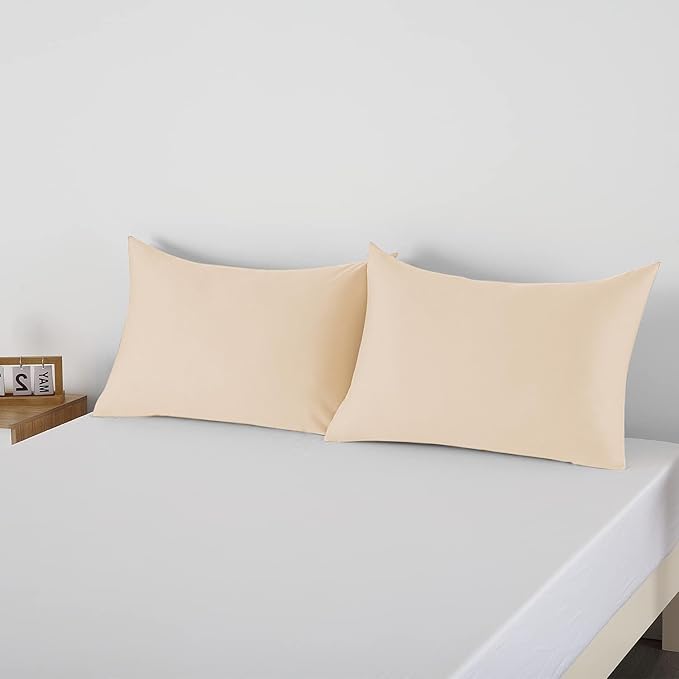 100% Egyptian Cotton Pillow Protectors Set of 2, 400 Thread Count Sateen Weave Pillowcase, Easy Care Zippered Style Pillow Covers (Beige, Standard)
