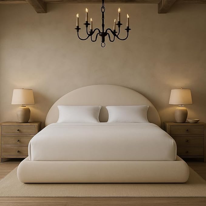 Round Bed – Washable Zip Cover - Upholstered Linen Soft Foam - Modular Minimalist Modern - Half Circle Moon - Sold Sold Separately (Cream Linen Premium, Twin Base)