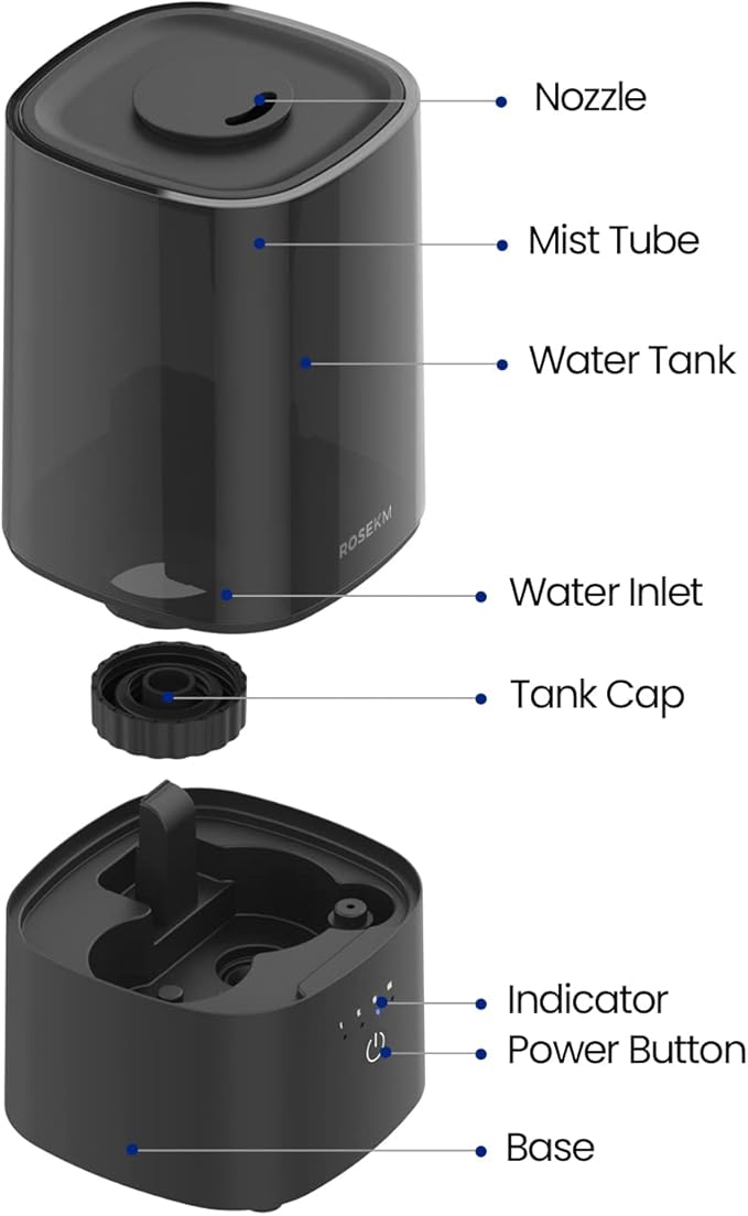 ROSEKM Humidifiers for Bedroom, 2.0L Cool Mist Humidifier for Home Plant and Baby Nursery, Quiet Ultrasonic Humidifier with 360° Nozzle, Auto Shut-Off, Filterless, Black