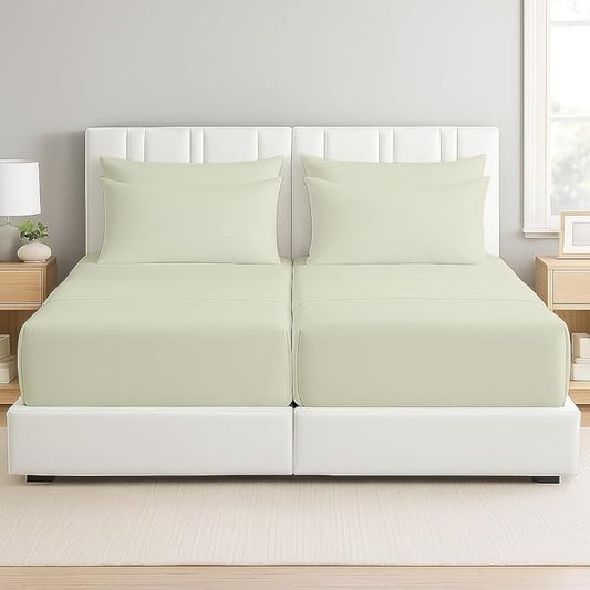 Split Cal King Sheets- California Sheets Sets for Adjustable Bed- 16 Inch Deep Pocket- Sleep Number 7 Pcs Set- Easy Fit- Wrinkle Free- Hotel Luxury Bed (Ivory Solid)