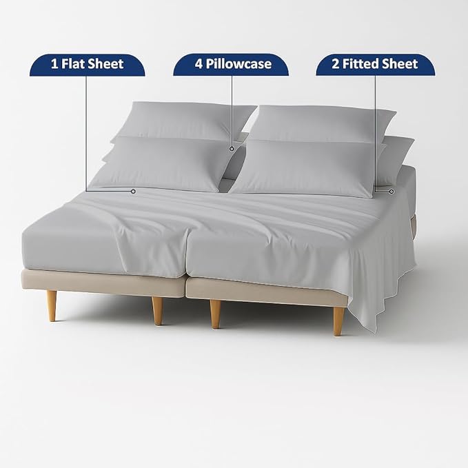 7 Piece Split King Sheet Set, 100% Egyptian Cotton, 16 Inch Deep Pockets, Light Grey Solid, Soft and Durable Sheets for Adjustable Beds, Sleep Number Beds, Split King Sheets