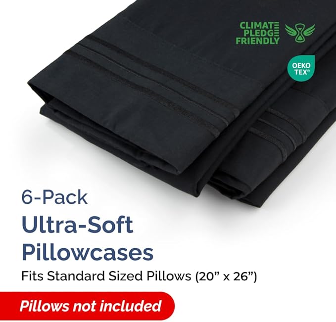 Standard Pillow Cases Set of 6 - Ultra Soft Hotel Quality Pillowcase Covers - Comfy, Cozy & Wrinkle Free - Shrink, Stain and Fade Resistant - Machine Washable Pillow Protectors - 6 Piece Set - Black